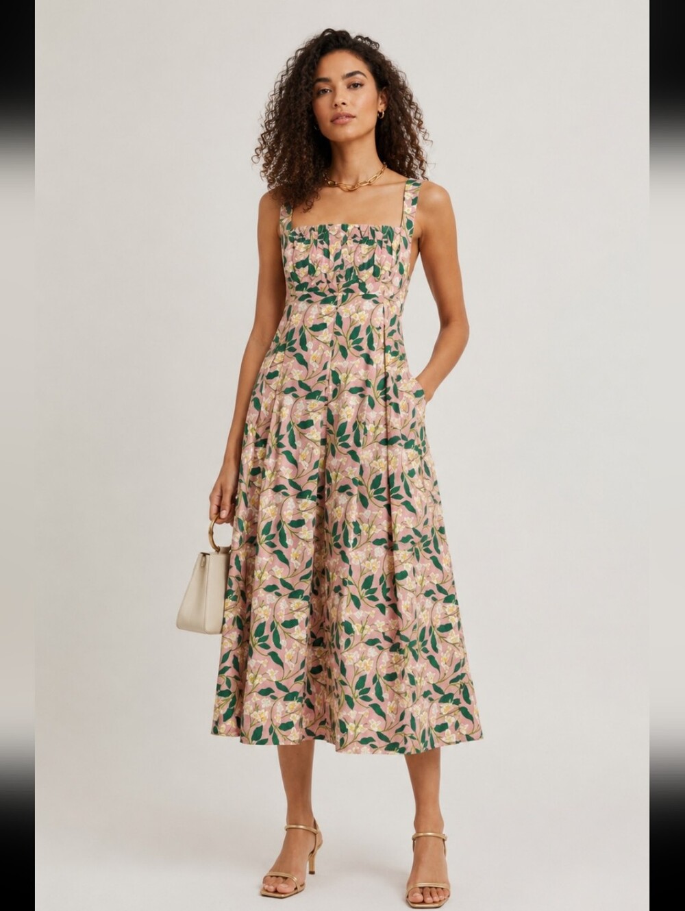 AGUA BENDITA Sleeveless Pink Floral Midi Dress with Green Leaf Print‎